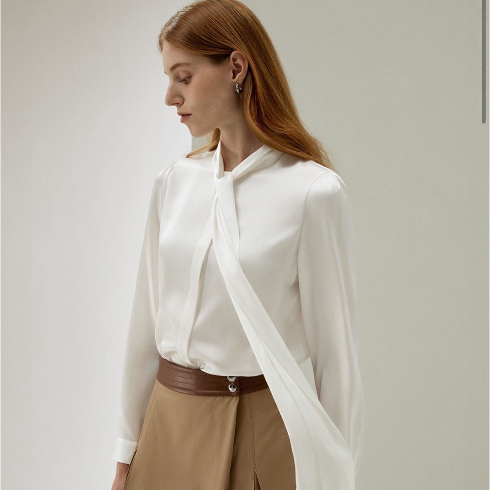 LilySilk Mulberry Silk Bow-Tie Neck Long Sleeve Blouse Small White Pearl